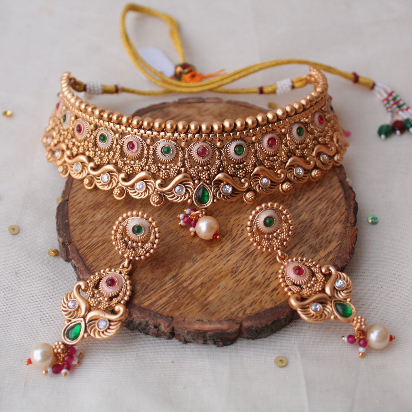 Gold Plated Brass Choker Set With Maang Tika