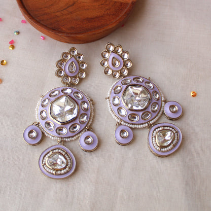 Lavender Uncut Kundan Work Statement Earrings