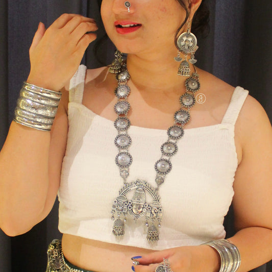Divine Tirupati Motif Oxidised Silver Long Set