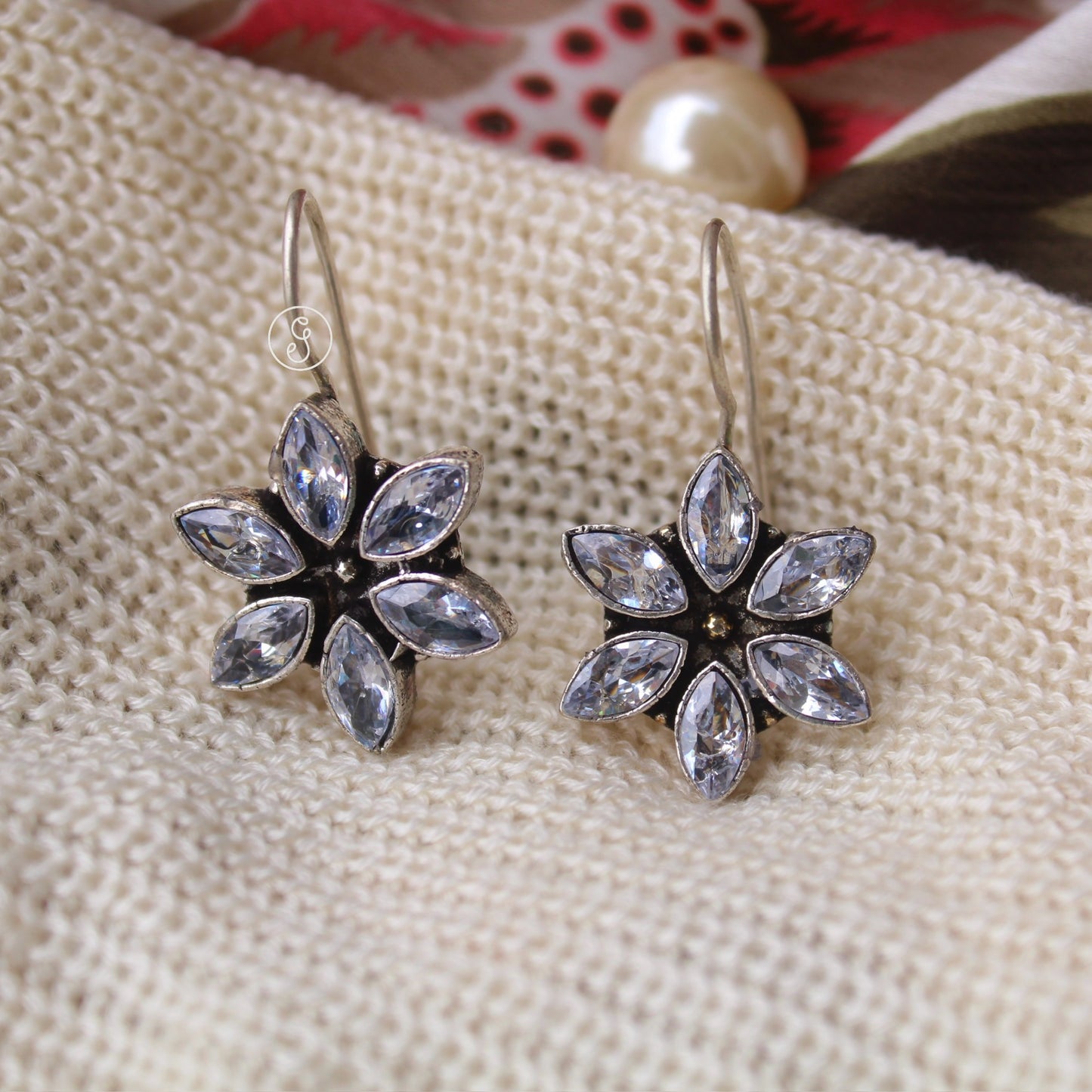 White Stones Work Oxidised Silver Earrings