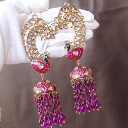 Purple Peacock Jhumki With Earcuff