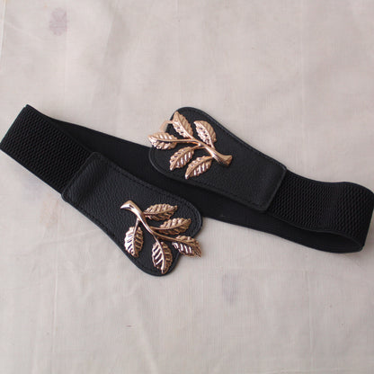 Classy Golden Leaf Motif Stretchable Waist-belt