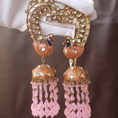 Pink Ethnic Peacock Jhumki With Earcuff