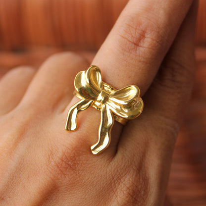 Golden Bow Anti-Tarnish Adjustable Ring