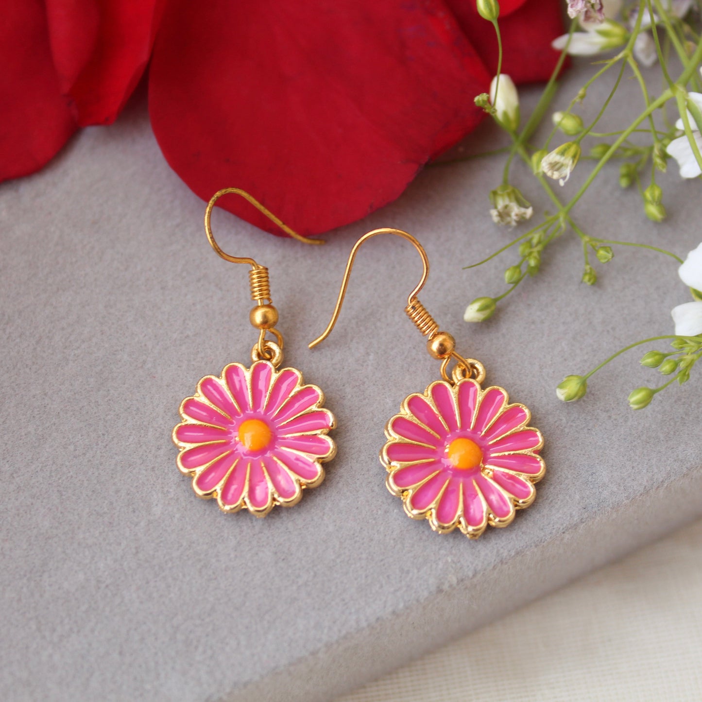 Pink Flower Charm Mini Hook Earrings