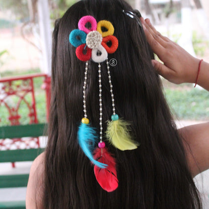 Multicolour Jute Hairpin with Pearl & Feather Hangings