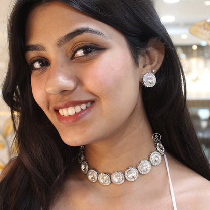 Diamond Stone Silver-Toned Choker Necklace Set