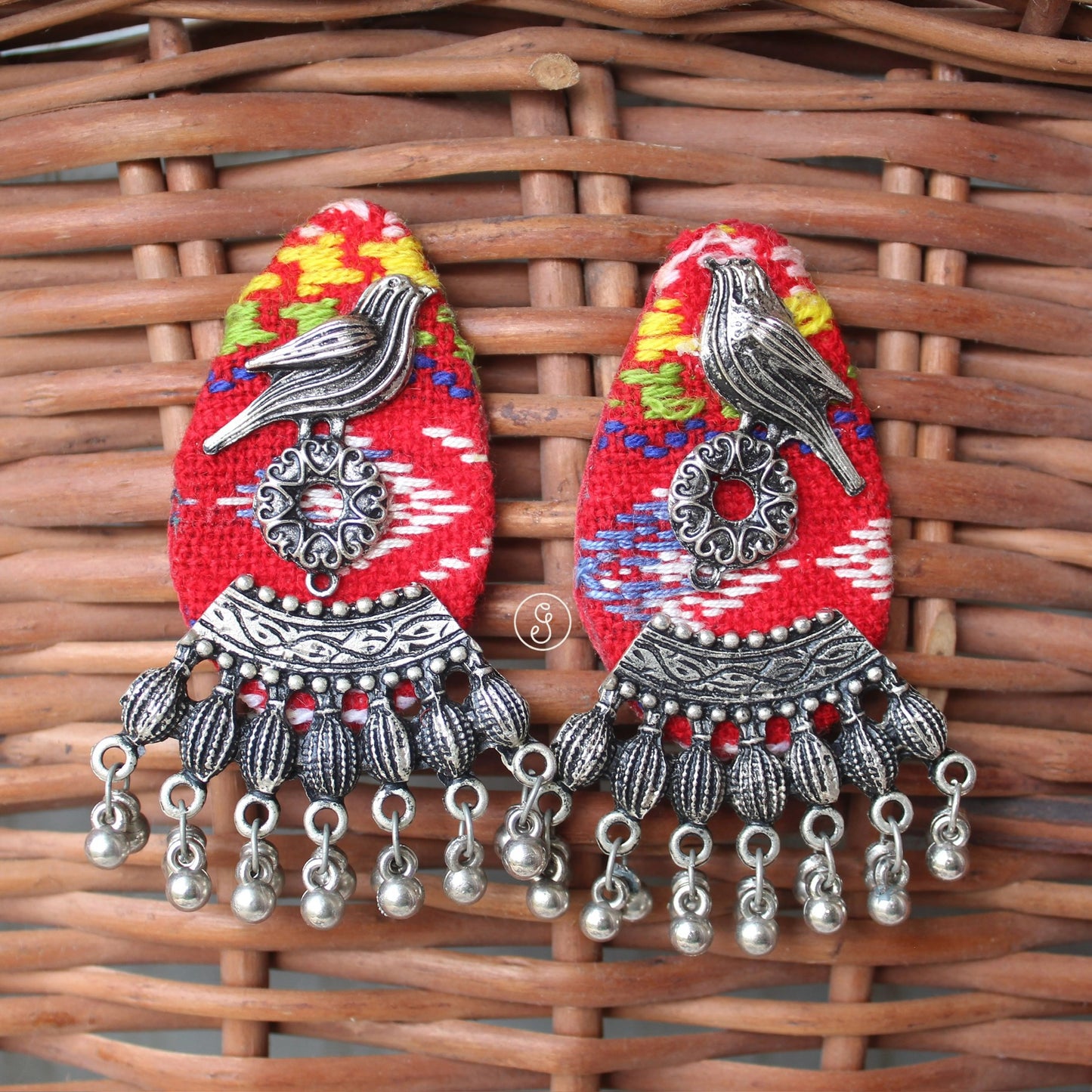 Red Colour Fabric & Oxidised Silver Work Earrings