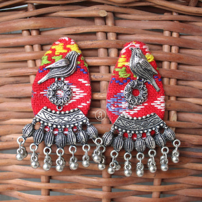 Red Colour Fabric & Oxidised Silver Work Earrings