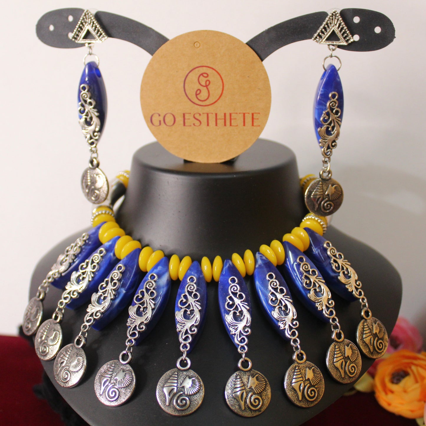 Blue & Yellow Oxidised Silver Necklace Set