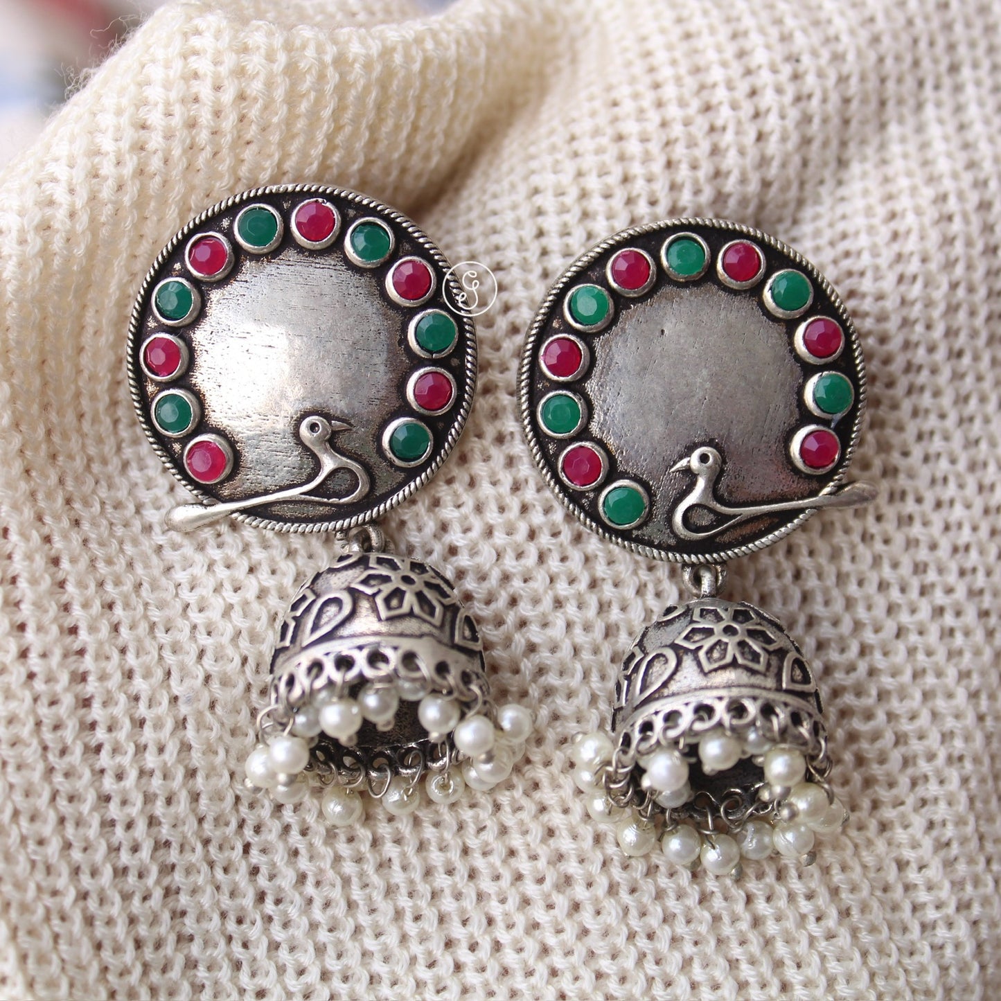 Pretty Oxidised Silver Peacock Design Jhumki