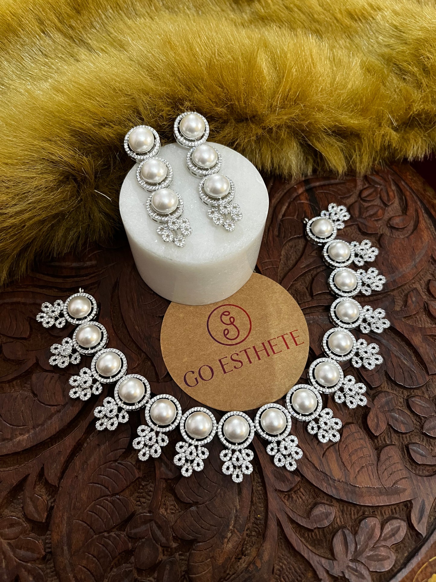 Classy White Pearls & Diamonds Work Necklace Set