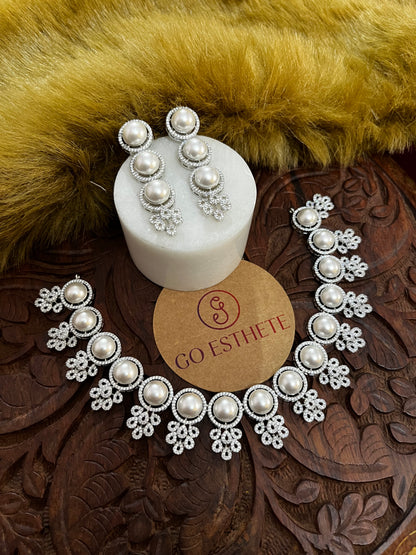 Classy White Pearls & Diamonds Work Necklace Set