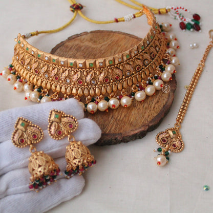 Stunning Gold Plated Brass Choker Set With Tika