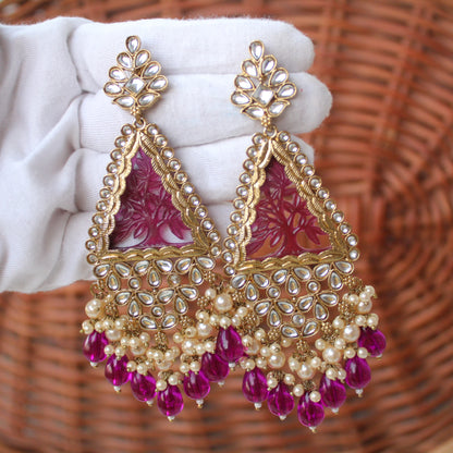 Classic Purple Carvings & Kundan Work Long Earrings