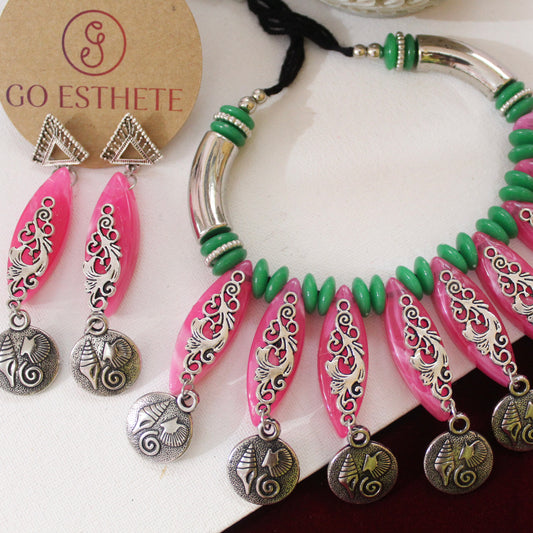 Pink & Green Oxidised Silver Necklace Set