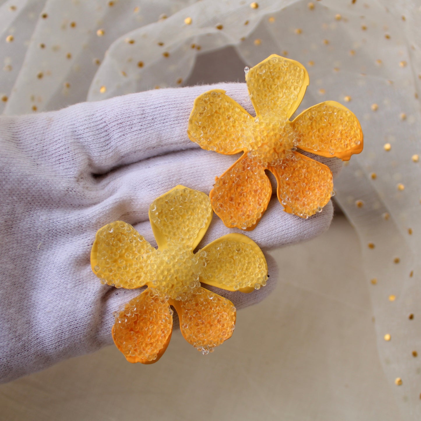 Radiant Yellow Sugar Crust Flower Earrings
