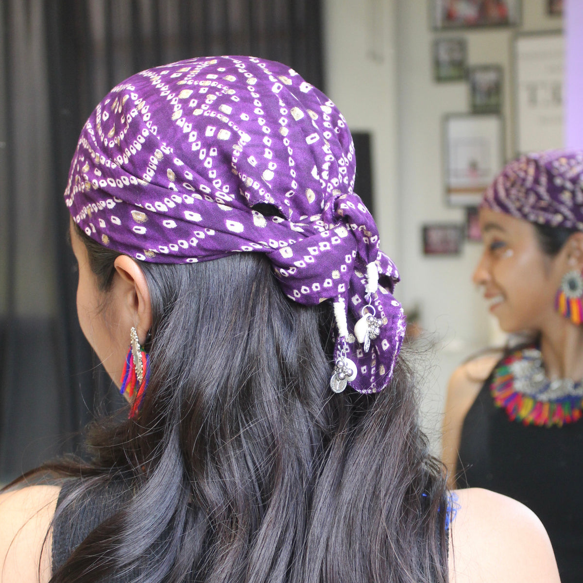 Purple Bandhani Bandana with Mini Tassels