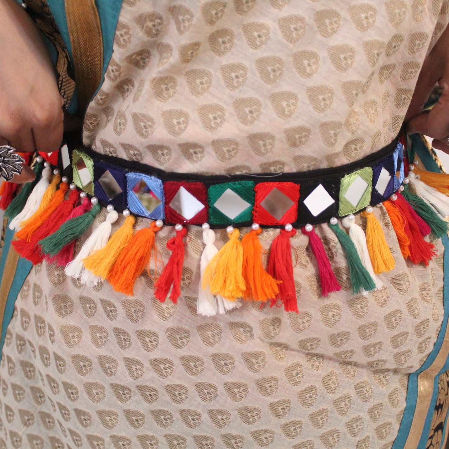 Multicolour Mirror & Tassels Work Waist belt