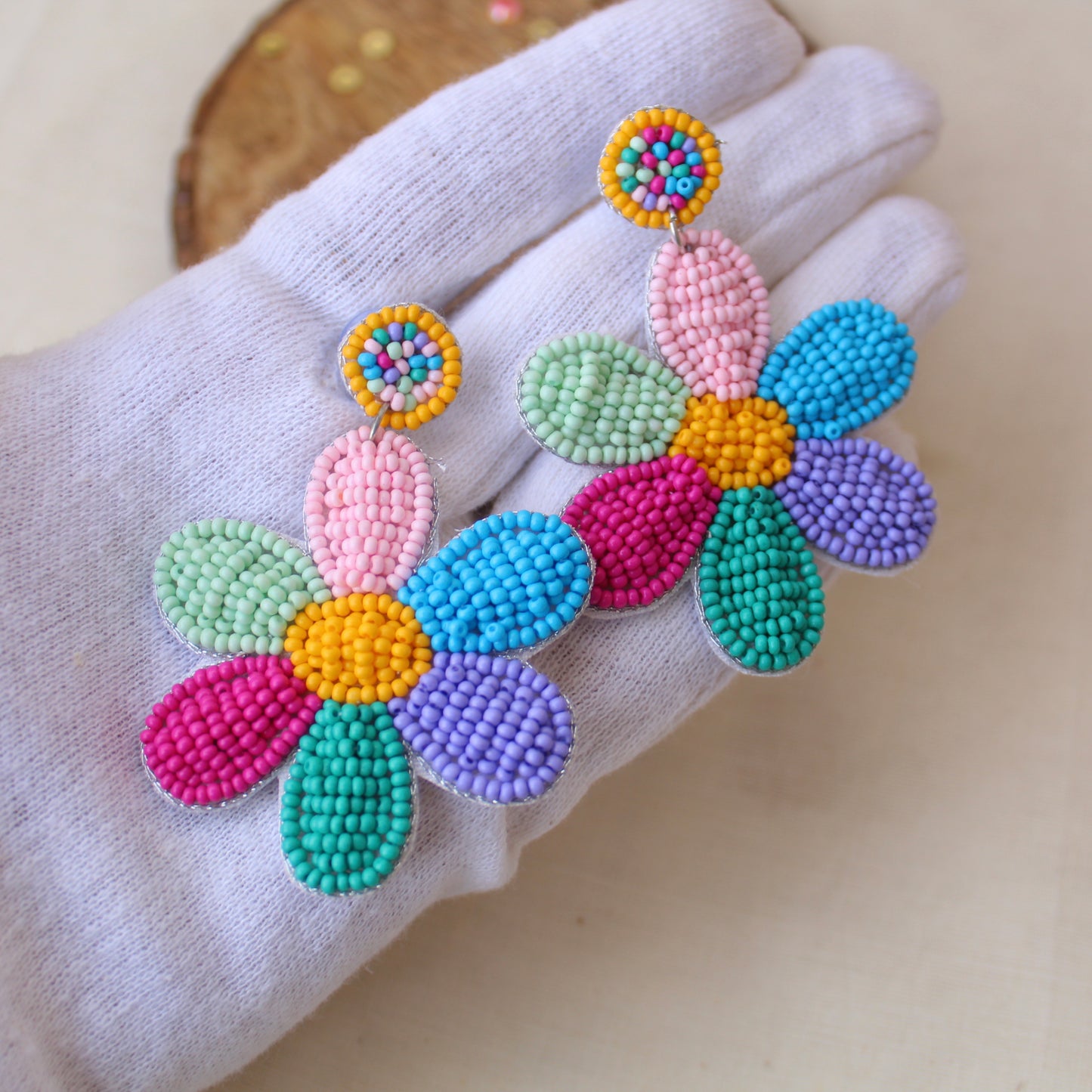 Colourful Beaded Flower Handmade Earrings