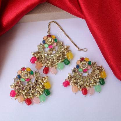 Stunning Multicoloured Earrings With Maang-Tika
