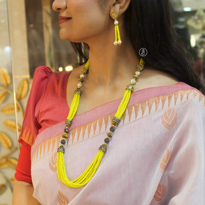 Neon Yellow Crystal Beads Long Necklace Set