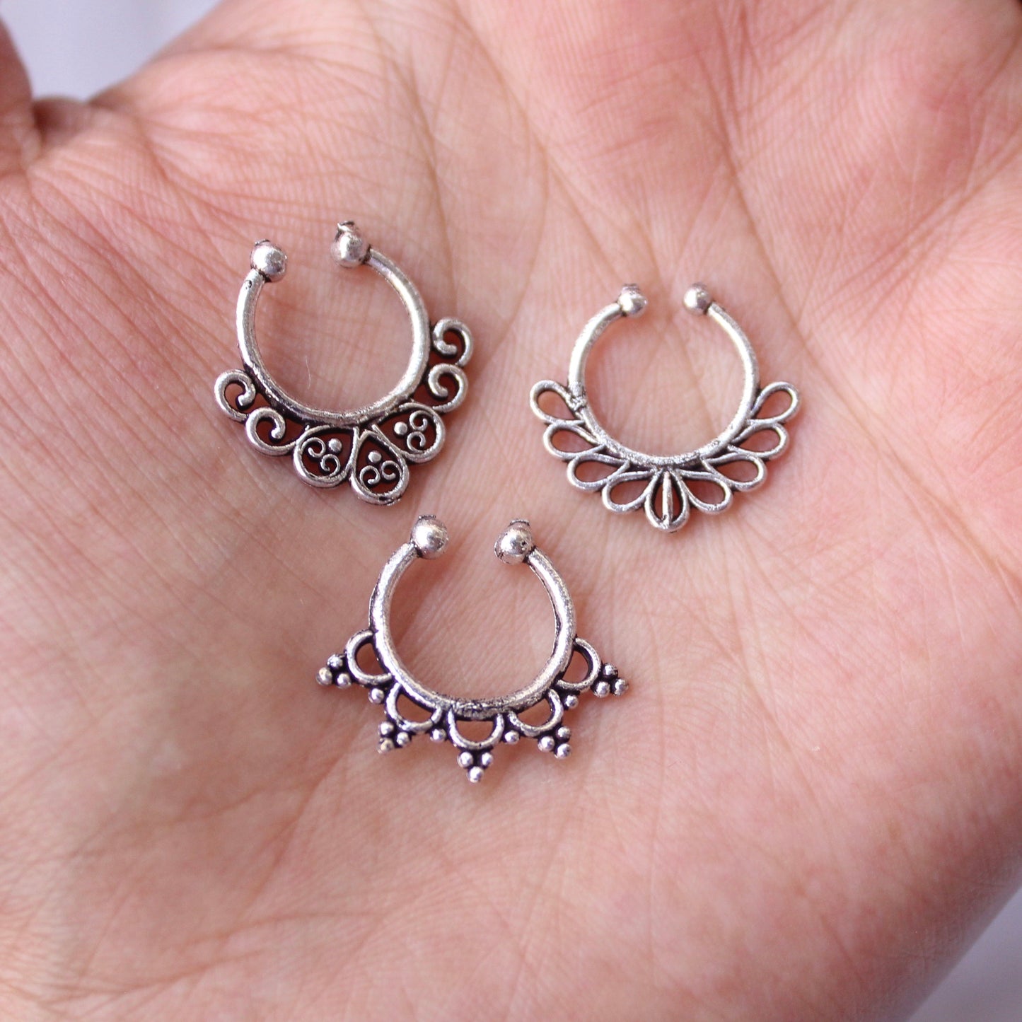 (Set of 3) Oxidised Silver Press-on Nose Rings