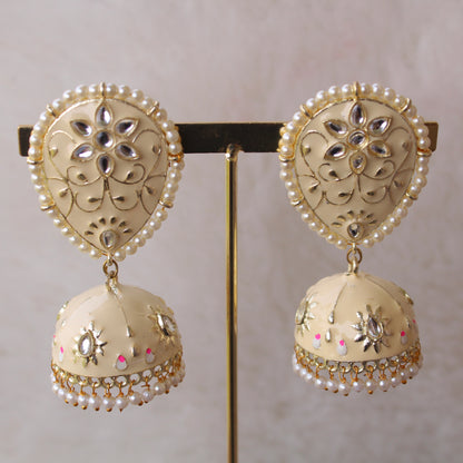 Cream Meenakari Ethnic Jhumki Earrings