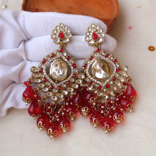 Radiant Red Kundan & Beads Work Long Earrings