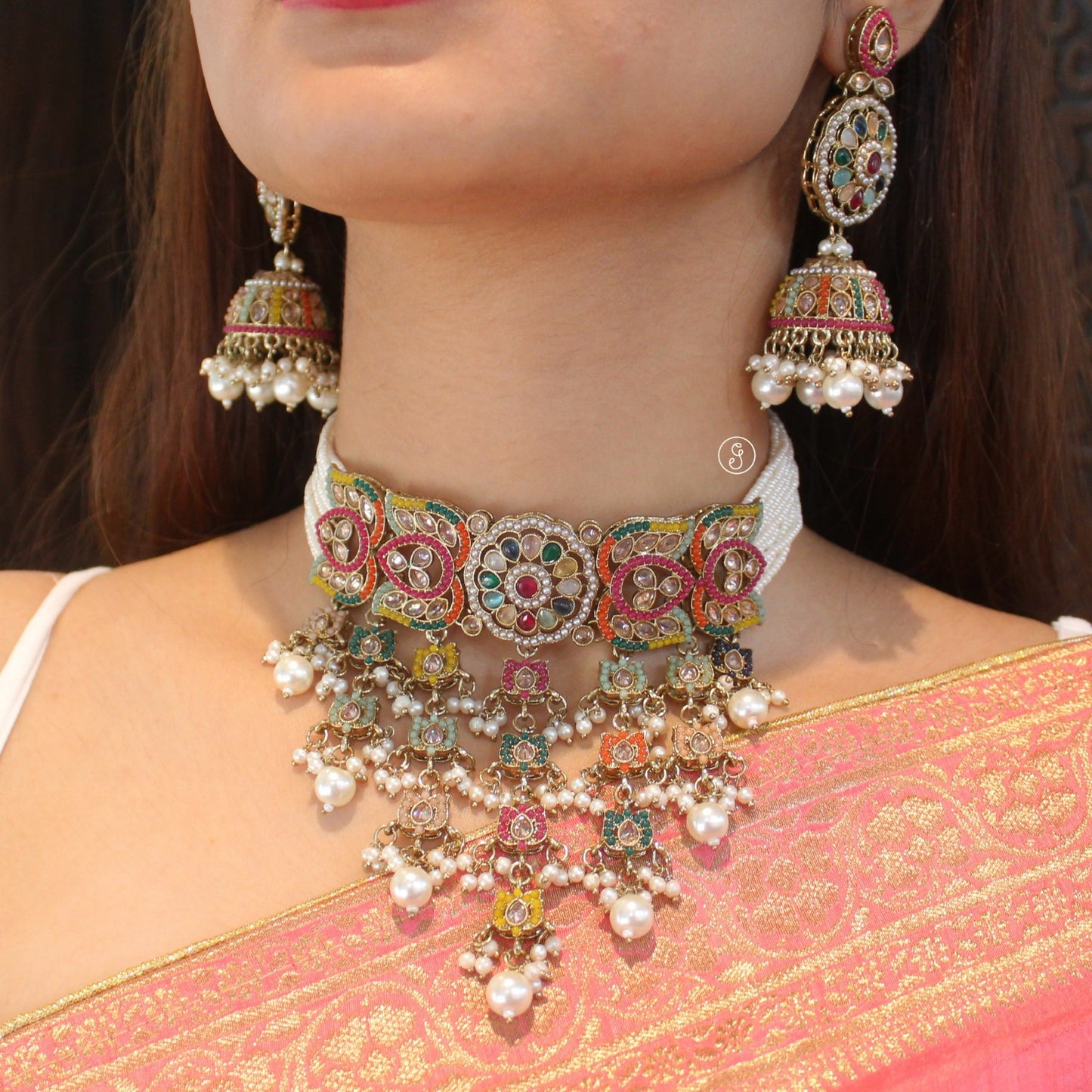 Classic Multicoloured Necklace Set With Tika