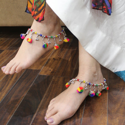 Multicoloured Adjustable Anklets With Pom-Pom