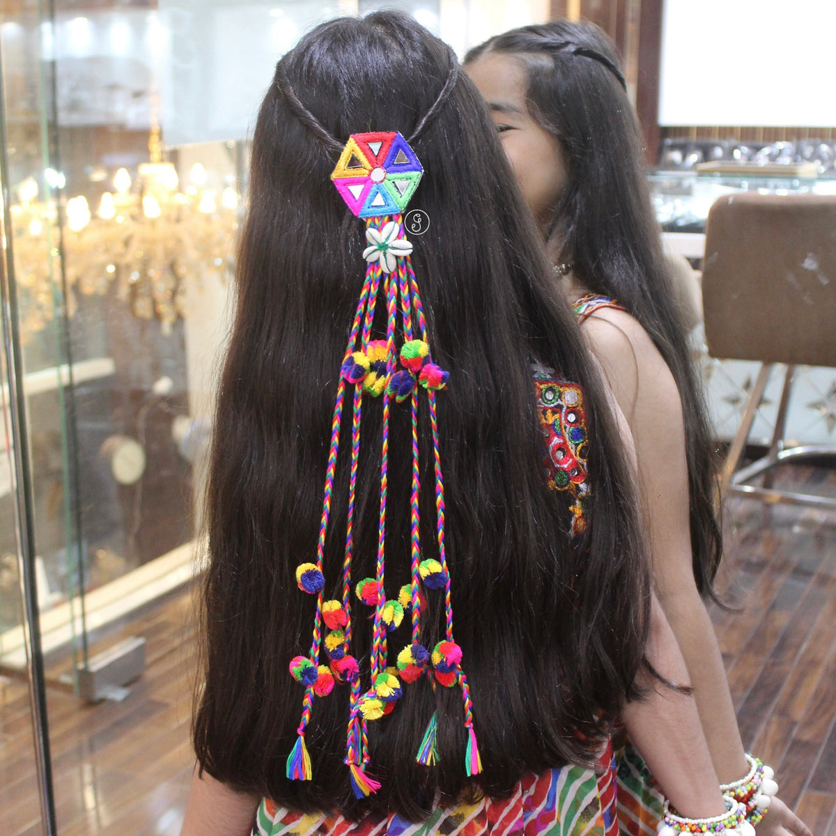 Vibrant Mirror Work & Pom-Pom Hair Brooch Clip