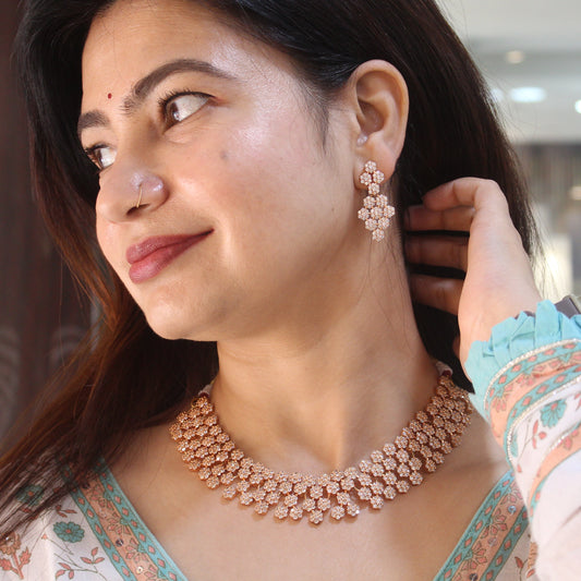 Rose Gold CZ Floral Layered Necklace Set