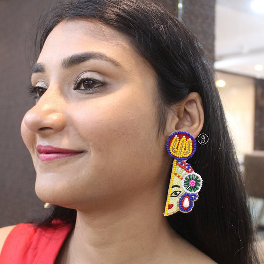 Multicolored Beaded Maa Durga Earrings with Trishul
