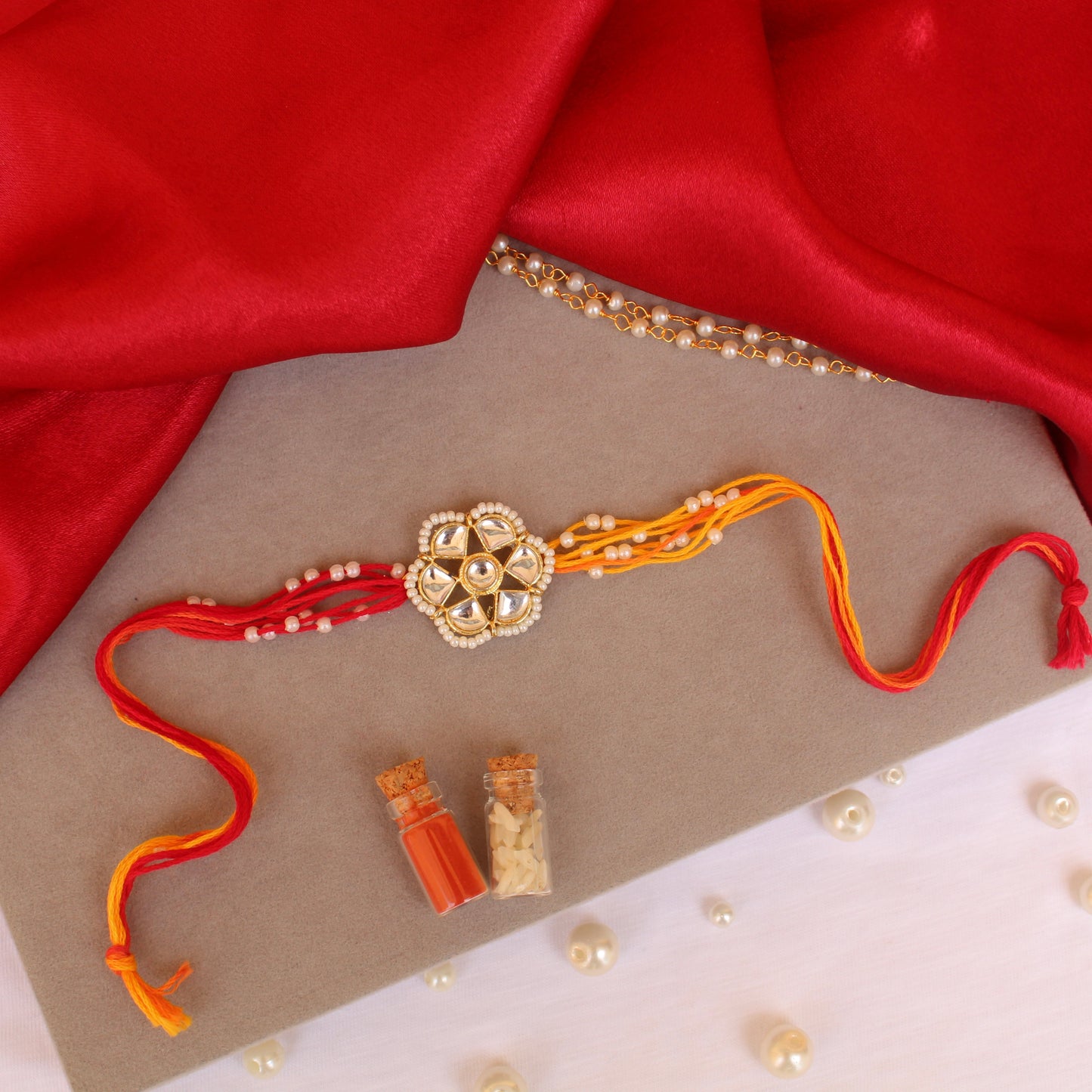 Traditional Kundan Bhai & Bhabhi Rakhi Set with Detachable Lumba