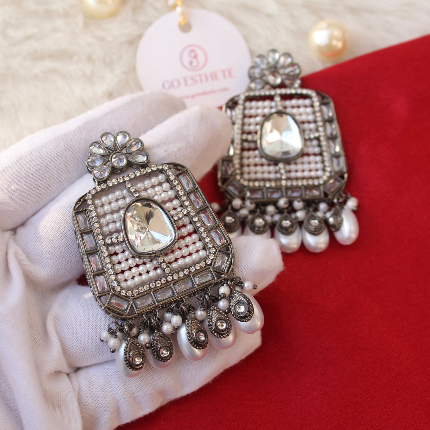 Designer White & Black Kundan & Beads Earrings