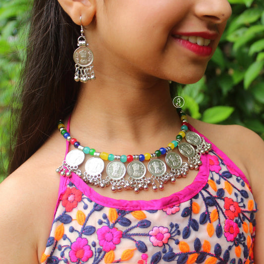 Pretty Oxidised Silver Coins Choker Set