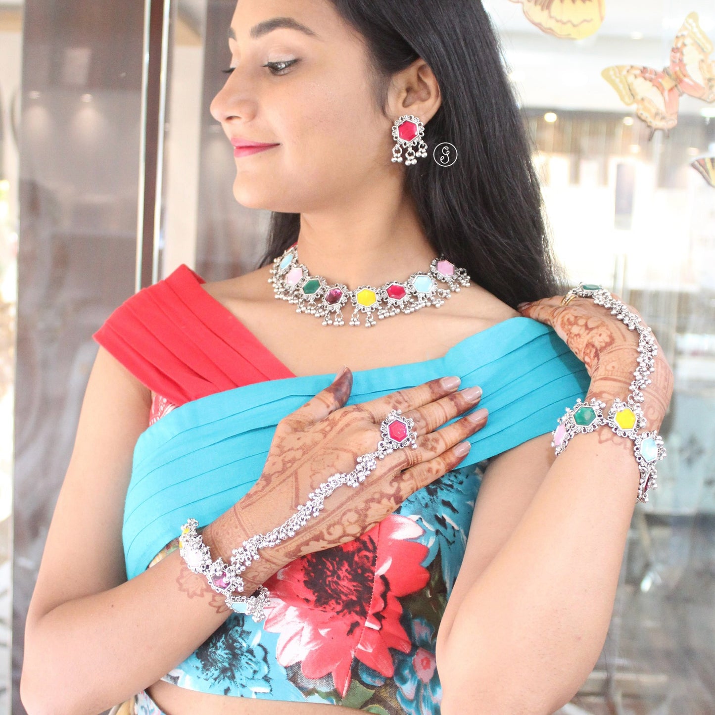 Multicoloured Oxidised Silver Hathful Bracelet (Single)