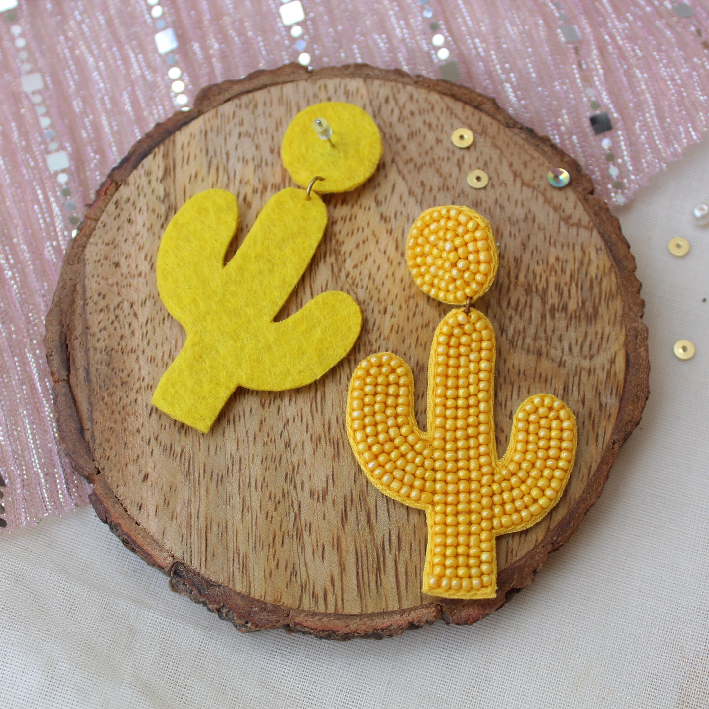Yellow Handcrafted Beaded Cactus Earrings