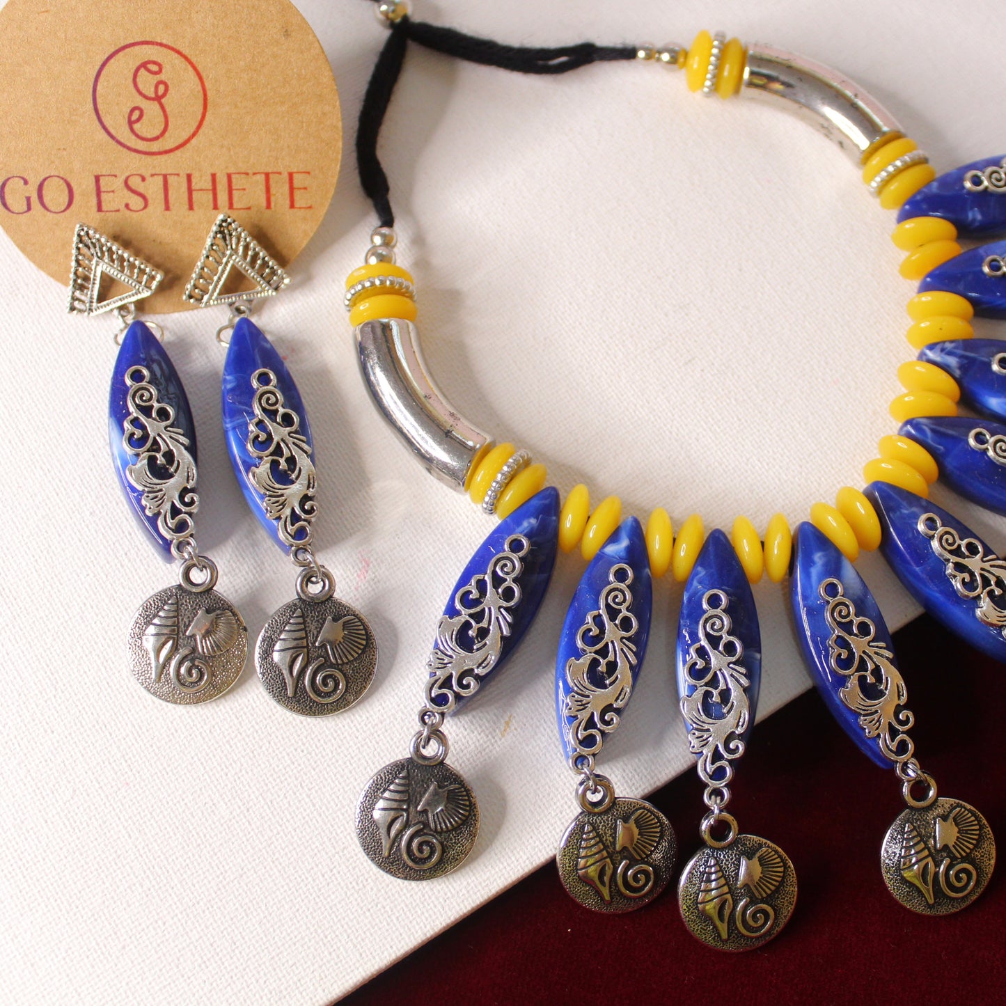 Blue & Yellow Oxidised Silver Necklace Set