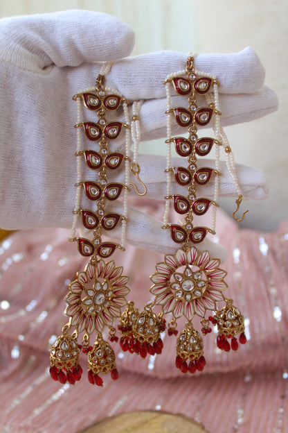 Bold Red Ethnic Floral Earrings With Earchains