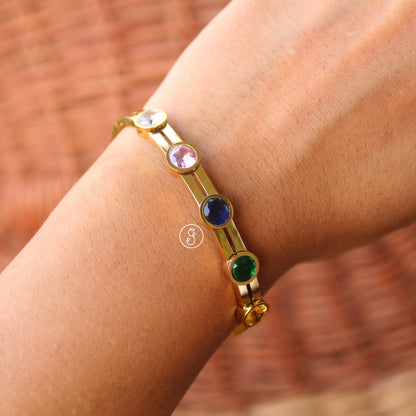 Multi-Colour Stones Work Anti-Tarnish Golden Bracelet