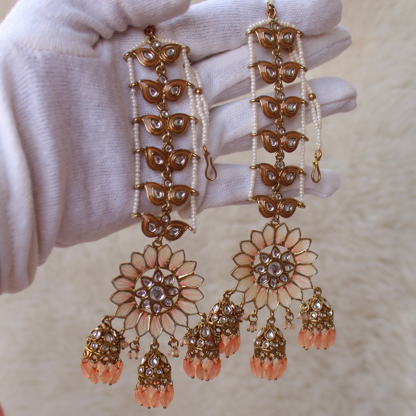 Peach Floral Ethnic Earrings With Earchains