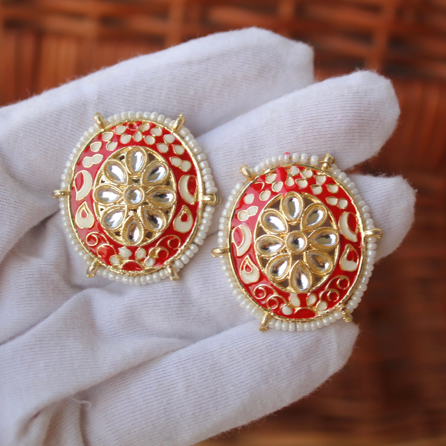 Red Meenakari & Kundan Work Big Sized Studs