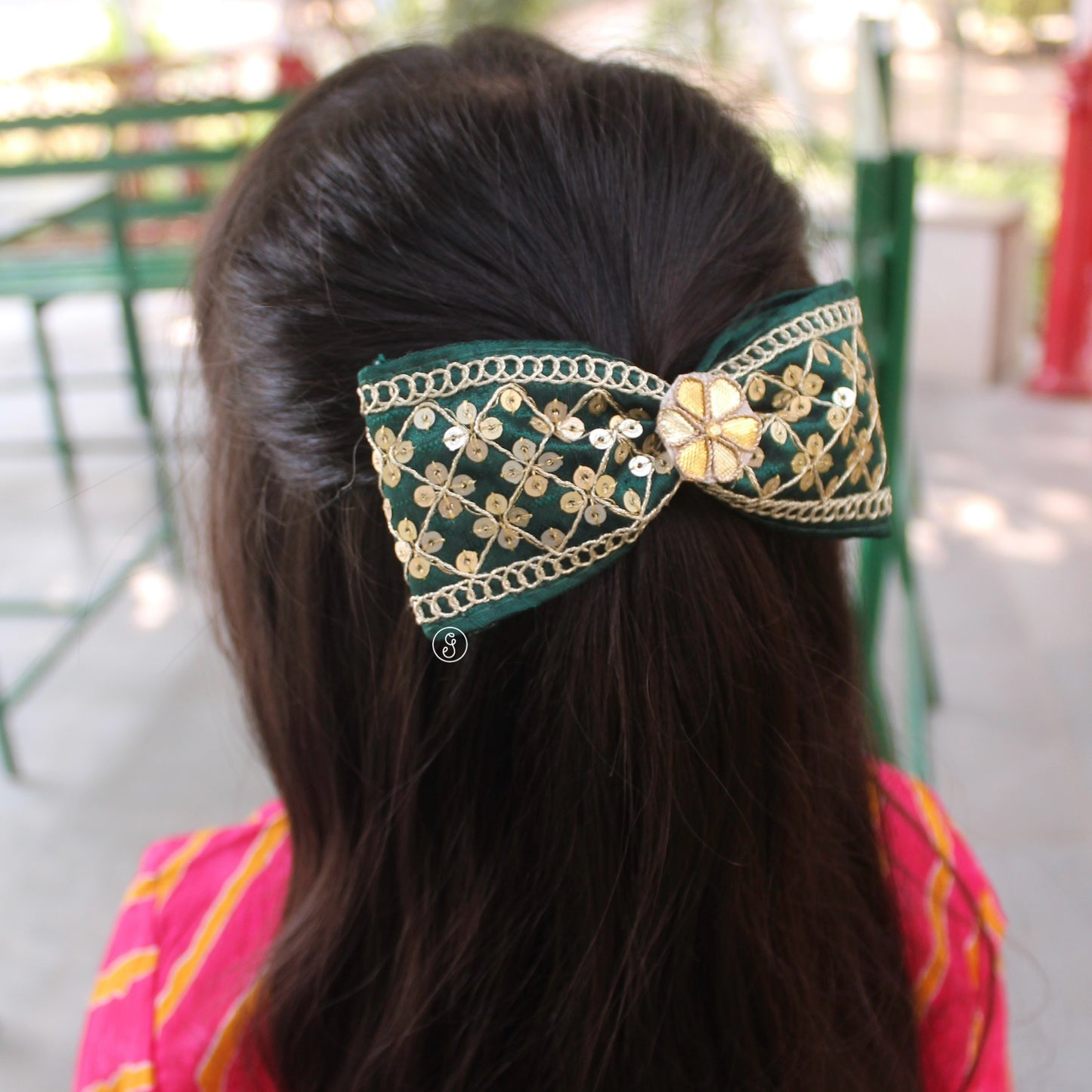 Green Sequin Ethnic Hair Bow Buckle