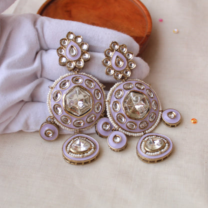 Lavender Uncut Kundan Work Statement Earrings