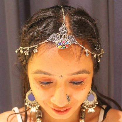 Elegant Damini Style Oxidised Silver Maang-Tika