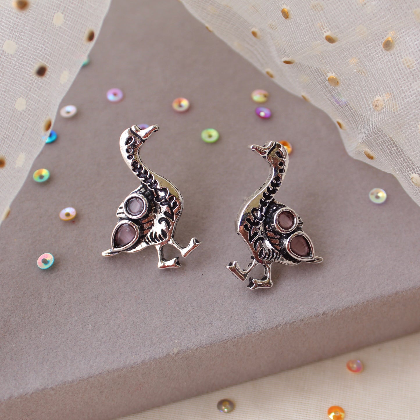 Cute Oxidised Silver& Pink Duck Stud Earrings