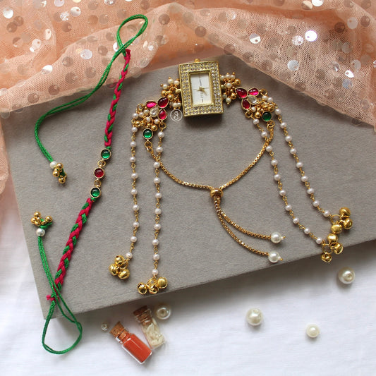 Premium Kundan Rakhi & Watch Bracelet Set