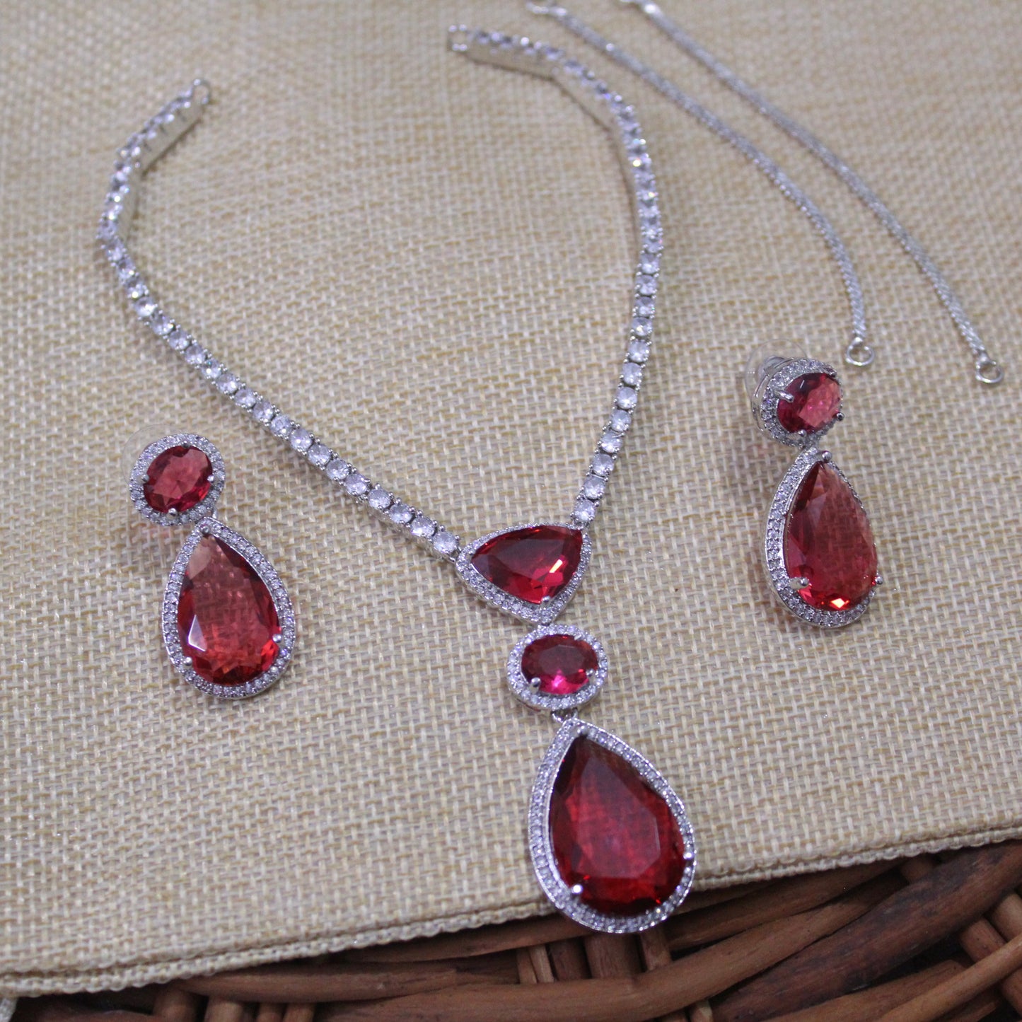 Ruby Stone & CZ Diamonds Work Necklace Set